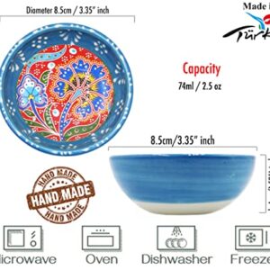 HeraCraft 6pcs Hand Painted Turkish Ceramic Snack Bowls 3.35''/8.5cm-74ml/2.5 oz Decorative Ottoman Tulips Design Multi-Purpose Cute Set - Pinch Sauce Dipping Finger Small Serving Bowls