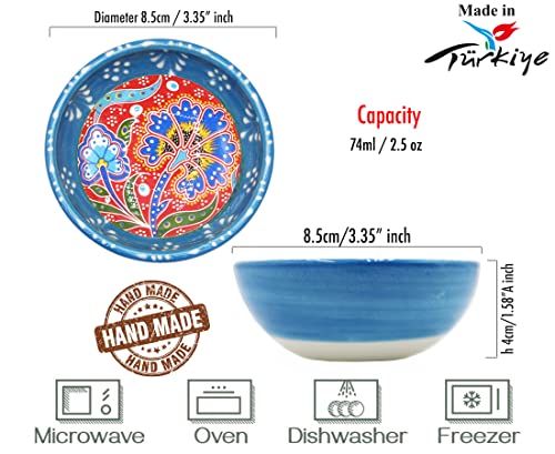 HeraCraft 6pcs Hand Painted Turkish Ceramic Snack Bowls 3.35''/8.5cm-74ml/2.5 oz Decorative Ottoman Tulips Design Multi-Purpose Cute Set - Pinch Sauce Dipping Finger Small Serving Bowls