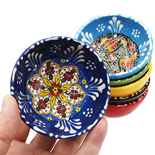 HeraCraft 6pcs Hand Painted Turkish Ceramic Snack Bowls 3.35''/8.5cm-74ml/2.5 oz Decorative Ottoman Tulips Design Multi-Purpose Cute Set - Pinch Sauce Dipping Finger Small Serving Bowls