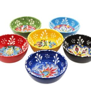 HeraCraft 6pcs Hand Painted Turkish Ceramic Snack Bowls 3.35''/8.5cm-74ml/2.5 oz Decorative Ottoman Tulips Design Multi-Purpose Cute Set - Pinch Sauce Dipping Finger Small Serving Bowls