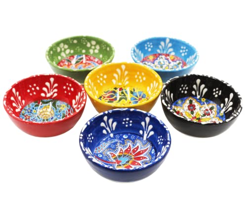 HeraCraft 6pcs Hand Painted Turkish Ceramic Snack Bowls 3.35''/8.5cm-74ml/2.5 oz Decorative Ottoman Tulips Design Multi-Purpose Cute Set - Pinch Sauce Dipping Finger Small Serving Bowls