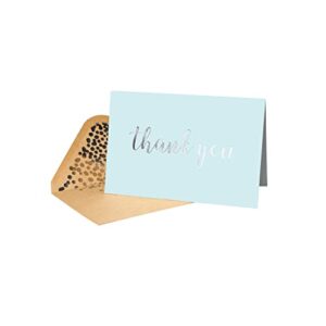 thank you cards - blank 50 pack baby blue matte finish cards with silver foiled "thank you" printed with 52 confetti design kraft envelopes 4" x 6" - for bridal shower baby shower birthday party
