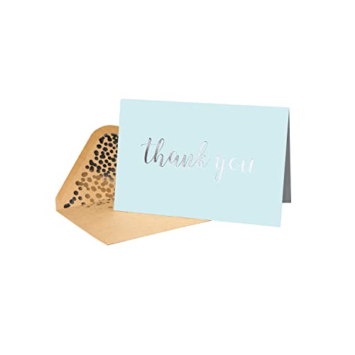 Thank You Cards - Blank 50 Pack Baby Blue Matte Finish Cards with Silver Foiled "Thank You" Printed with 52 Confetti Design Kraft Envelopes 4" x 6" - for Bridal Shower Baby Shower Birthday Party