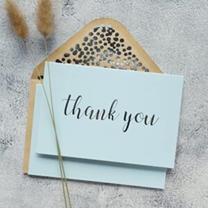 Thank You Cards - Blank 50 Pack Baby Blue Matte Finish Cards with Silver Foiled "Thank You" Printed with 52 Confetti Design Kraft Envelopes 4" x 6" - for Bridal Shower Baby Shower Birthday Party