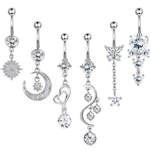 HANPABUM 6Pcs 14G Belly Button Rings Dangle for Women Surgical Steel Navel Rings Body Piercing Jewelry