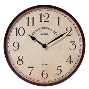 kesin wood wall clock silent non ticking round retro wall clocks large decorative battery operated 13 inches no glass cover analog vintage quartz wall clock for living room, kitchen, bedroom,office