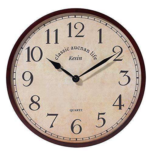 Kesin Wood Wall Clock Silent Non Ticking Round Retro Wall Clocks Large Decorative Battery Operated 13 inches No Glass Cover Analog Vintage Quartz Wall Clock for Living Room, Kitchen, Bedroom,Office