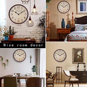 Kesin Wood Wall Clock Silent Non Ticking Round Retro Wall Clocks Large Decorative Battery Operated 13 inches No Glass Cover Analog Vintage Quartz Wall Clock for Living Room, Kitchen, Bedroom,Office