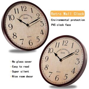 Kesin Wood Wall Clock Silent Non Ticking Round Retro Wall Clocks Large Decorative Battery Operated 13 inches No Glass Cover Analog Vintage Quartz Wall Clock for Living Room, Kitchen, Bedroom,Office