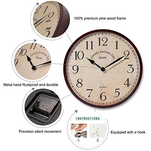 Kesin Wood Wall Clock Silent Non Ticking Round Retro Wall Clocks Large Decorative Battery Operated 13 inches No Glass Cover Analog Vintage Quartz Wall Clock for Living Room, Kitchen, Bedroom,Office