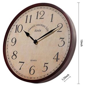 Kesin Wood Wall Clock Silent Non Ticking Round Retro Wall Clocks Large Decorative Battery Operated 13 inches No Glass Cover Analog Vintage Quartz Wall Clock for Living Room, Kitchen, Bedroom,Office