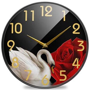 naanle beautiful white swan red rose round wall clock, 12 inch silent battery operated quartz analog quiet desk clock for home,office,school