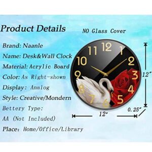 Naanle Beautiful White Swan Red Rose Round Wall Clock, 12 Inch Silent Battery Operated Quartz Analog Quiet Desk Clock for Home,Office,School