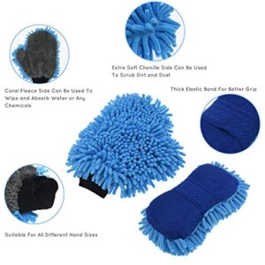 TeKX Premium Large Microfiber Chenille Car Wash Mitt and Car Wash Sponge Set (2 Pack), Washer Friendly, Soft and Scratch Free, Thumb Space Double Sided Mitt, Double Sided Sponge with Grip Band