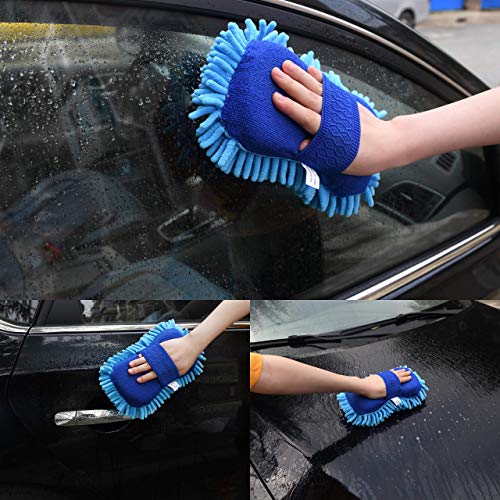 TeKX Premium Large Microfiber Chenille Car Wash Mitt and Car Wash Sponge Set (2 Pack), Washer Friendly, Soft and Scratch Free, Thumb Space Double Sided Mitt, Double Sided Sponge with Grip Band