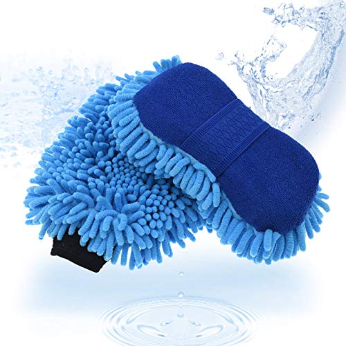 TeKX Premium Large Microfiber Chenille Car Wash Mitt and Car Wash Sponge Set (2 Pack), Washer Friendly, Soft and Scratch Free, Thumb Space Double Sided Mitt, Double Sided Sponge with Grip Band