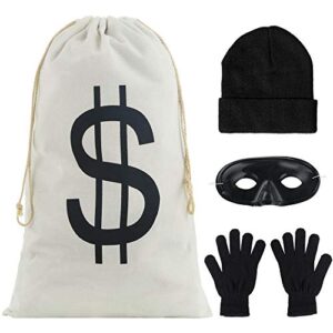 auihiay 4 pieces robber costume set include canvas dollar sign money bag bandit eye mask knit beanie cap gloves for halloween cosplay burglar theme party