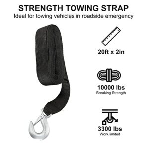 2" x20' Trailer Winch Strap with Safety Snap Hook Breaking Strength 10000 lbs Max Towing Working Load at 3300 lbs for ATV Jetski Trailer Boat Wave Runner Towing Heavy Duty Equipment， Black