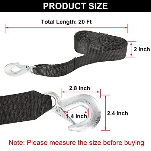 2" x20' Trailer Winch Strap with Safety Snap Hook Breaking Strength 10000 lbs Max Towing Working Load at 3300 lbs for ATV Jetski Trailer Boat Wave Runner Towing Heavy Duty Equipment， Black