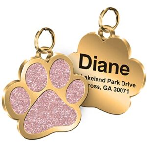 personalized engrave pet id tags paw shape custom glitter pet supplies engrave name number elegant plated unique gift for cats little dogs (pink)