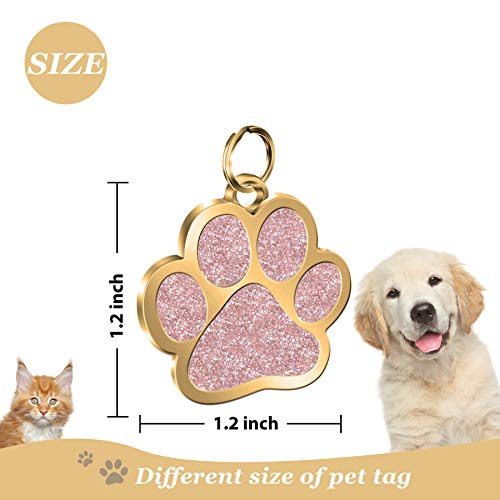 Personalized Engrave Pet ID Tags Paw Shape Custom Glitter Pet Supplies Engrave Name Number Elegant Plated Unique Gift for Cats Little Dogs (Pink)