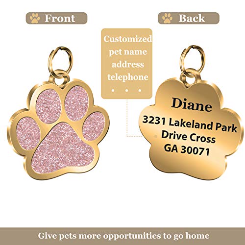 Personalized Engrave Pet ID Tags Paw Shape Custom Glitter Pet Supplies Engrave Name Number Elegant Plated Unique Gift for Cats Little Dogs (Pink)