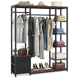 tribesigns freestanding closet organizer with 2 drawers, 59 inch heavy duty clothes garment rack with shelves and double hanging rod, metal clothing rack wardrobe for bedroom, rustic brown