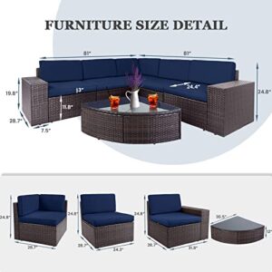 SOLAURA Outdoor Patio Furniture Set 6-Piece Brown Wicker Conversation Sets Modular Sectional Sofa Set with Glass Coffee Table (Navy Blue)