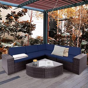 SOLAURA Outdoor Patio Furniture Set 6-Piece Brown Wicker Conversation Sets Modular Sectional Sofa Set with Glass Coffee Table (Navy Blue)