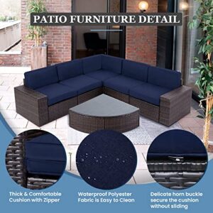 SOLAURA Outdoor Patio Furniture Set 6-Piece Brown Wicker Conversation Sets Modular Sectional Sofa Set with Glass Coffee Table (Navy Blue)