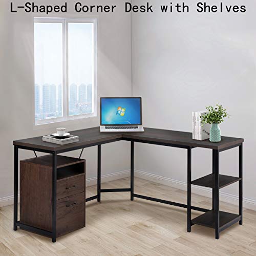 Basic Houseware 59" L Shaped Gaming Desks L-Shaped Computer Desk with Shelves Industrial Corner Desk Gaming Table Workstation for Home Office