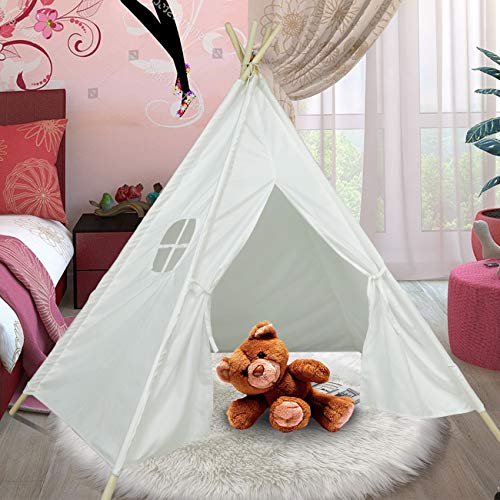 Ogrmar Kids Teepee Play Tent Foldable White Canvas Kids Playhouse Portable Kids Tent for Girls and Boys to Play Indoor and Outdoor