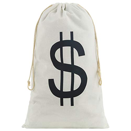 Auihiay 11.8” x 19.7” Large Dollar Sign Money Bag Canvas Pouch with Drawstring Closure for Toy Party Favors, Halloween Bank Robber Cowboy Pirate Theme, Carrying Case Sack