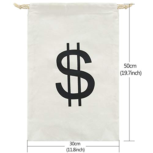 Auihiay 11.8” x 19.7” Large Dollar Sign Money Bag Canvas Pouch with Drawstring Closure for Toy Party Favors, Halloween Bank Robber Cowboy Pirate Theme, Carrying Case Sack