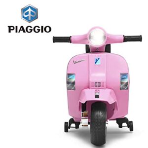 Costzon Kids Vespa Scooter, 6V Battery Powered Ride on Motorcycle w/Training Wheels, Music & Horn, LED Lights, Forward/Reverse, Rechargeable Electric Vehicle Gift for Toddler Boys Girls (Pink)