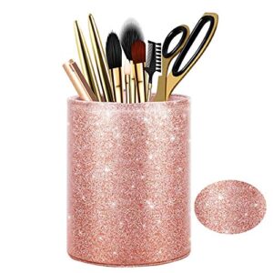 glitter pen holder, pencil cup desk for women girls makeup brush organizer holder large pu leather cup office supplies desk decor accessories, gift, classroom, home(rose gold)
