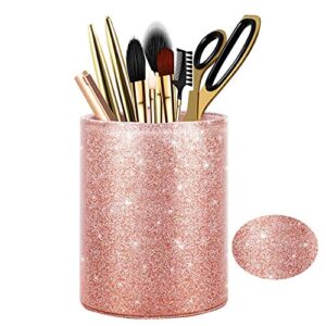 Glitter Pen Holder, Pencil Cup Desk for Women Girls Makeup Brush Organizer Holder Large Pu Leather Cup Office Supplies Desk Decor Accessories, Gift, Classroom, Home(Rose Gold)