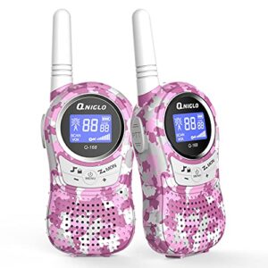 qniglo q168 pink walkie talkies for girls, 22 channels and 2 miles long range girls walkie talkies set, perfect outdoor adventure camping game gift toys for boys girls age 3-12