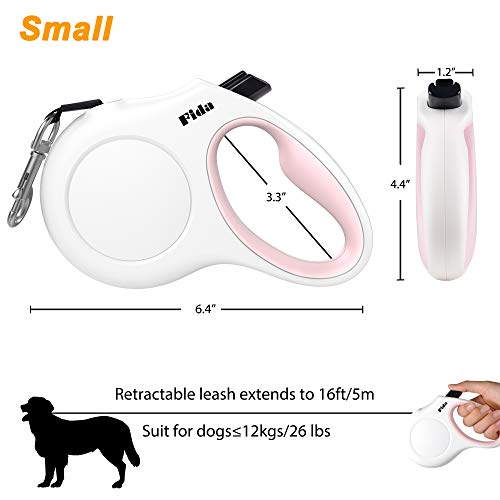 Fida Retractable Dog Leash for Small Breed up to 26 lbs, 16 ft Pet Walking Leash with Dispenser and Poop Bags, Anti-Slip Handle, Reflective Strong Nylon Tape, One-Handed Brake (S, White & Pink)