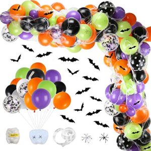 auihiay 155 pieces halloween balloon garland arch kit include black orange purple latex balloons, confetti balloons, spider web, 3d bats for halloween party background classroom decoration