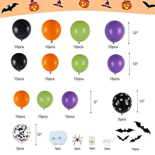 Auihiay 155 Pieces Halloween Balloon Garland Arch Kit Include Black Orange Purple Latex Balloons, Confetti Balloons, Spider Web, 3D Bats for Halloween Party Background Classroom Decoration