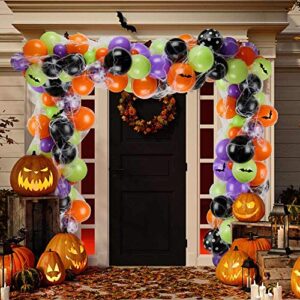 Auihiay 155 Pieces Halloween Balloon Garland Arch Kit Include Black Orange Purple Latex Balloons, Confetti Balloons, Spider Web, 3D Bats for Halloween Party Background Classroom Decoration