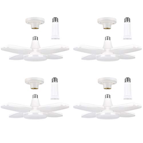 4 Pack LED Garage Lights, 60W 6000LM Deformable Garage Ceiling Light, E26 Dimmable Garage Light, 6500K LED 4-Leaf Light for Garage Workshop Warehouse Basement