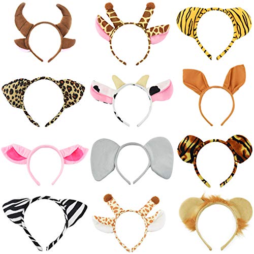 12 Pcs Zoo Animals Ears Headband Jungle Safari Animals Hairbands Plush Cartoon Headbands Elephant Lion Giraffe Tiger Zebra Leopard Cow Pig Ears Cosplay Hair Hoop for Birthday Halloween Costume Party