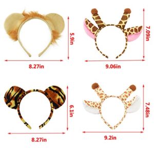 12 Pcs Zoo Animals Ears Headband Jungle Safari Animals Hairbands Plush Cartoon Headbands Elephant Lion Giraffe Tiger Zebra Leopard Cow Pig Ears Cosplay Hair Hoop for Birthday Halloween Costume Party