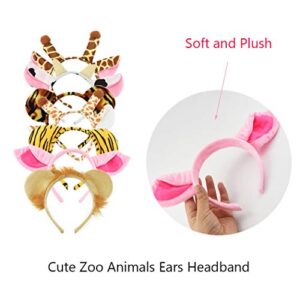 12 Pcs Zoo Animals Ears Headband Jungle Safari Animals Hairbands Plush Cartoon Headbands Elephant Lion Giraffe Tiger Zebra Leopard Cow Pig Ears Cosplay Hair Hoop for Birthday Halloween Costume Party