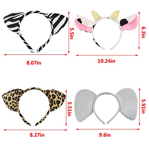 12 Pcs Zoo Animals Ears Headband Jungle Safari Animals Hairbands Plush Cartoon Headbands Elephant Lion Giraffe Tiger Zebra Leopard Cow Pig Ears Cosplay Hair Hoop for Birthday Halloween Costume Party