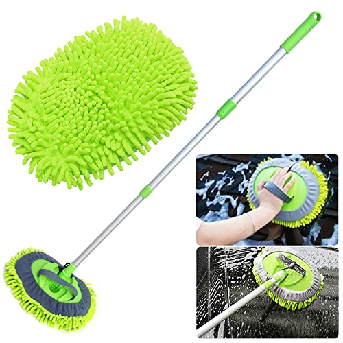 2 in 1 Chenille Microfiber Car Wash Mop Mitt with 46" Aluminum Alloy Long Handle,Car Cleaning Kit Brush Duster,Scratch Free Cleaning Tool Dust Collector Supplies, 2Pcs Mop Head(Green)