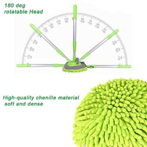 2 in 1 Chenille Microfiber Car Wash Mop Mitt with 46" Aluminum Alloy Long Handle,Car Cleaning Kit Brush Duster,Scratch Free Cleaning Tool Dust Collector Supplies, 2Pcs Mop Head(Green)