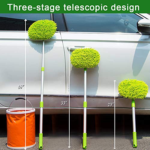 2 in 1 Chenille Microfiber Car Wash Mop Mitt with 46" Aluminum Alloy Long Handle,Car Cleaning Kit Brush Duster,Scratch Free Cleaning Tool Dust Collector Supplies, 2Pcs Mop Head(Green)